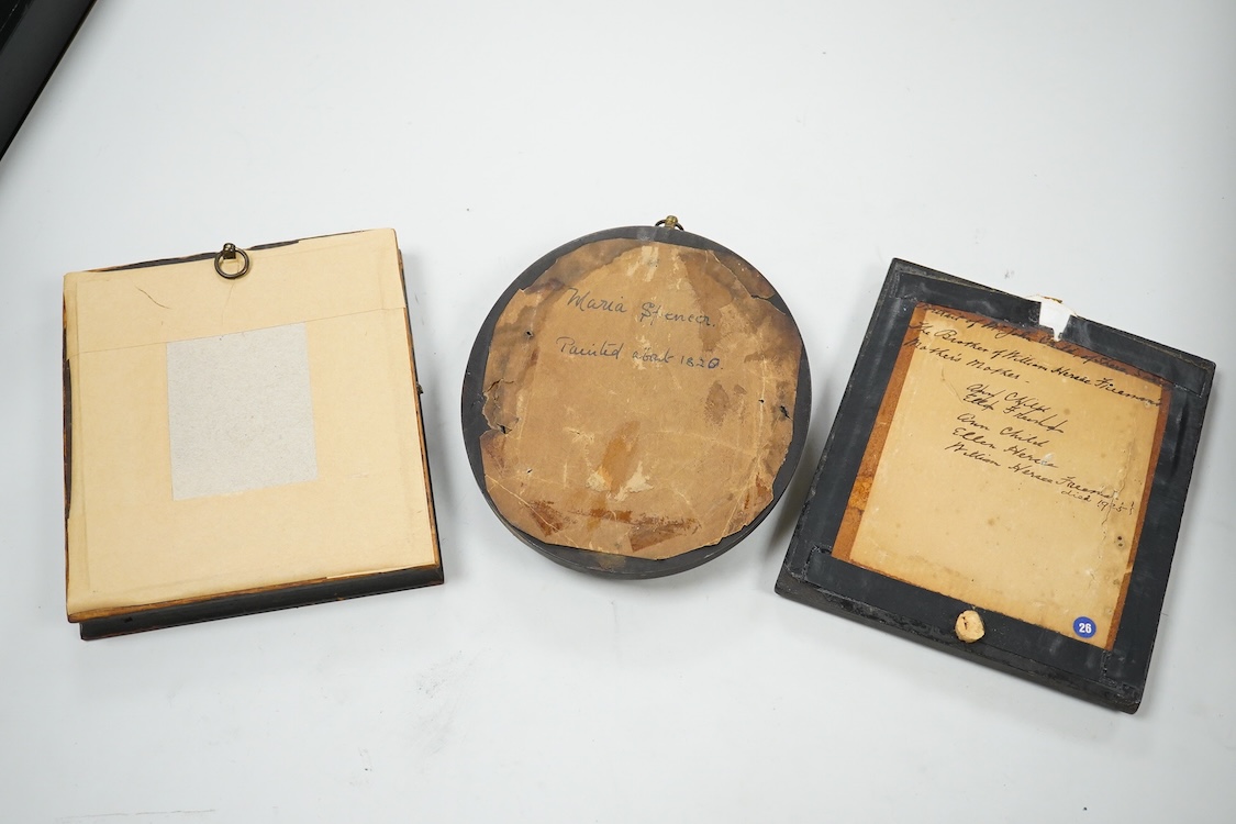 Three early to mid 19th century Portrait miniatures comprising: One of a lady, Maria Spencer, and two portraits of gentlemen, one depicting Mr John Child of Surrey, watercolours on card, largest, 9 x 8cm, each framed